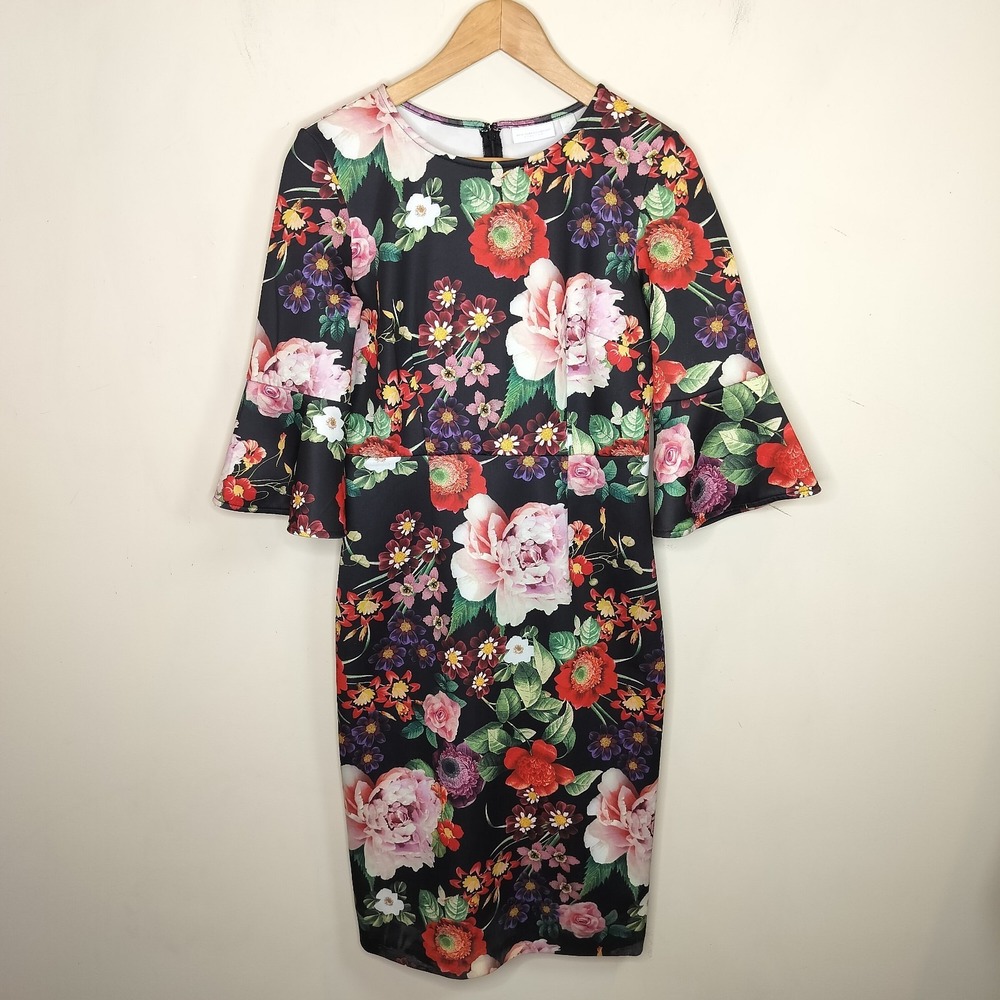 New York & Co Floral Scuba Dress Bell Sleeve Dark Romance Bloom
